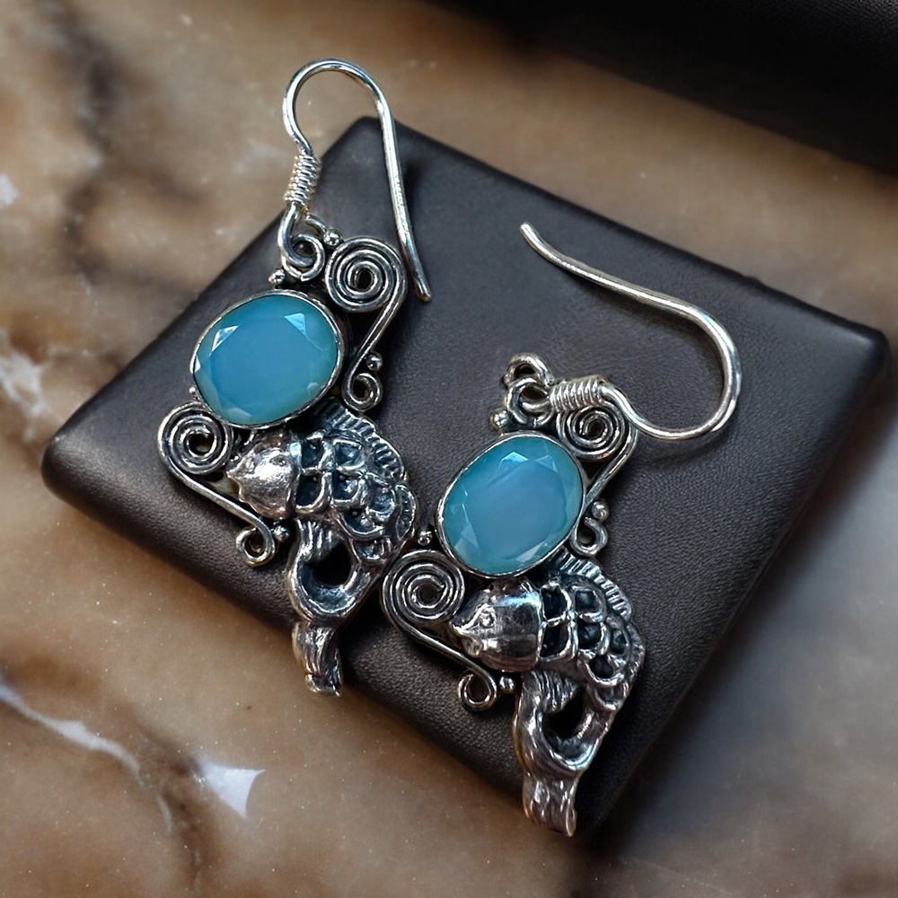 Blue Opalite Sterling Silver Fish Earrings